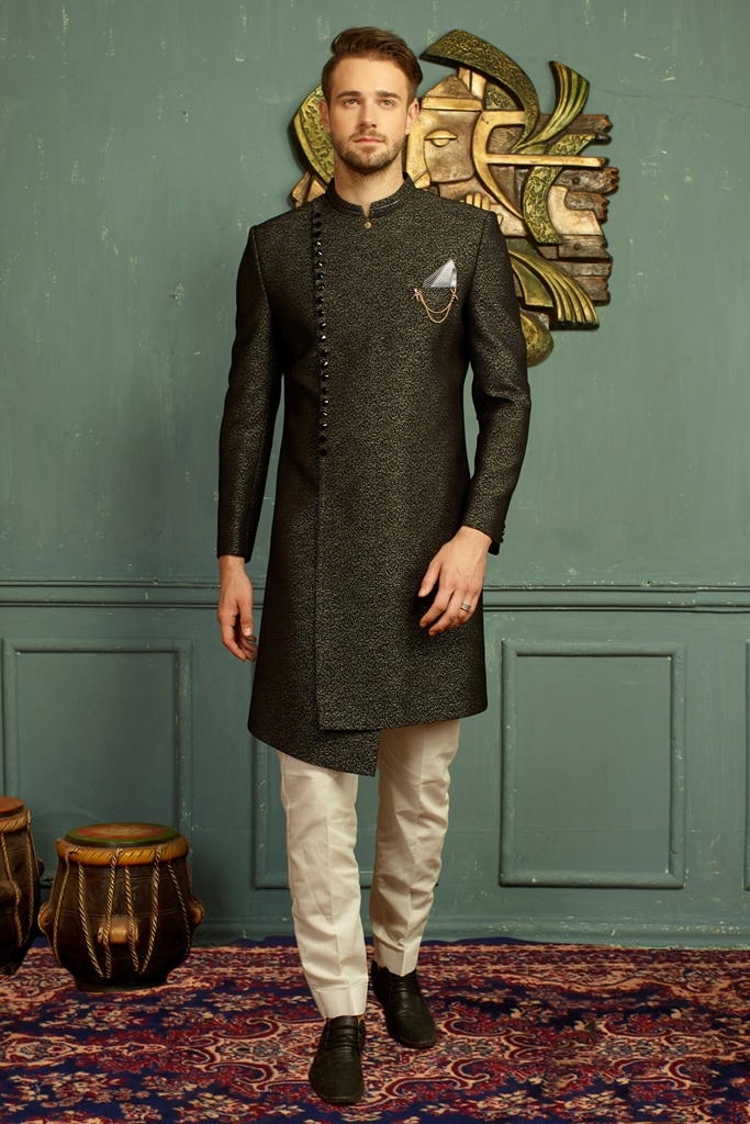 Men nawabi Cotton Indo Western Grey & Black