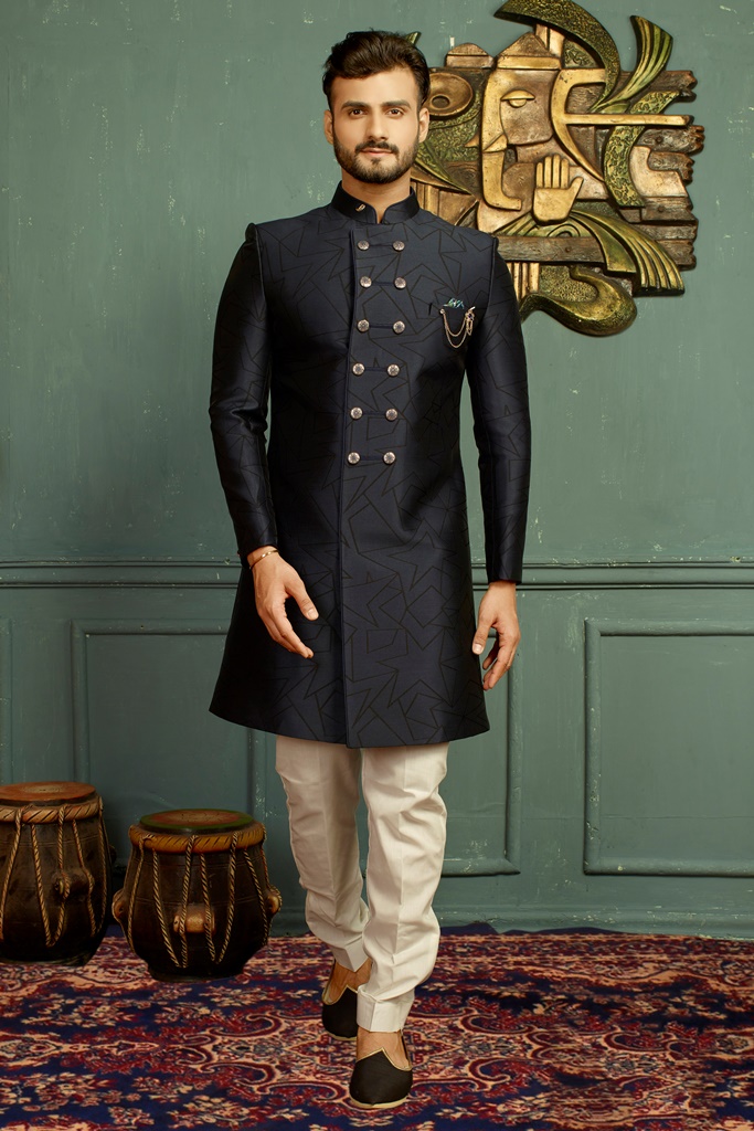 Men nawabi Cotton Indo Western Blue & Blue