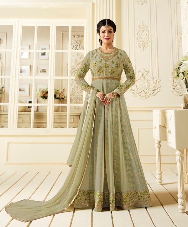 Partywear Georgette Olive Green Kameez