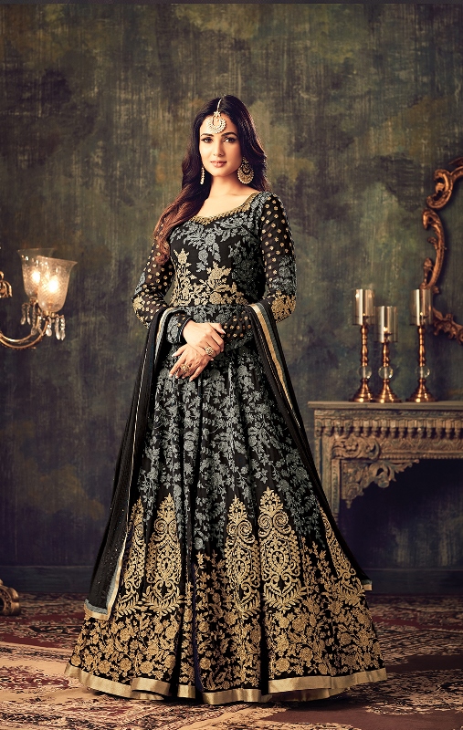 Designer Embroidery Grey Black Georgette Anarkali Suit