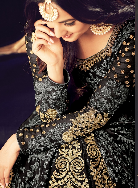 Designer Embroidery Grey Black Georgette Anarkali Suit