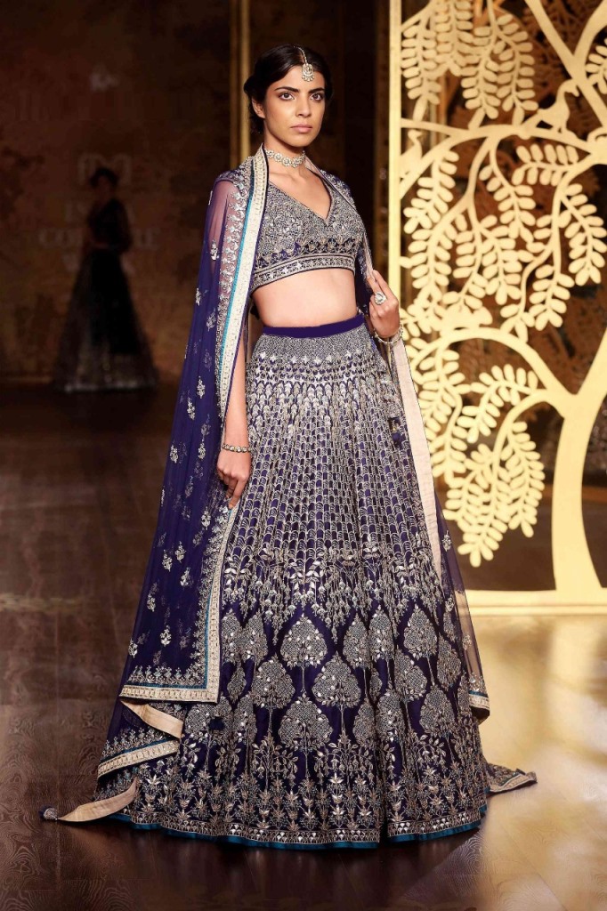 Wedding Heavy Embroidery Navy Blue Galaxy Malai Satin Designer Lahengha