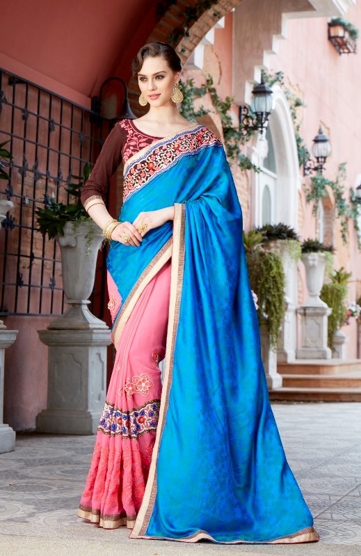 Designer Embroidery Blue & Pink Georgtte &Jecart Saree