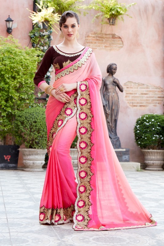 Designer Embroidery Peach Georgtte Saree