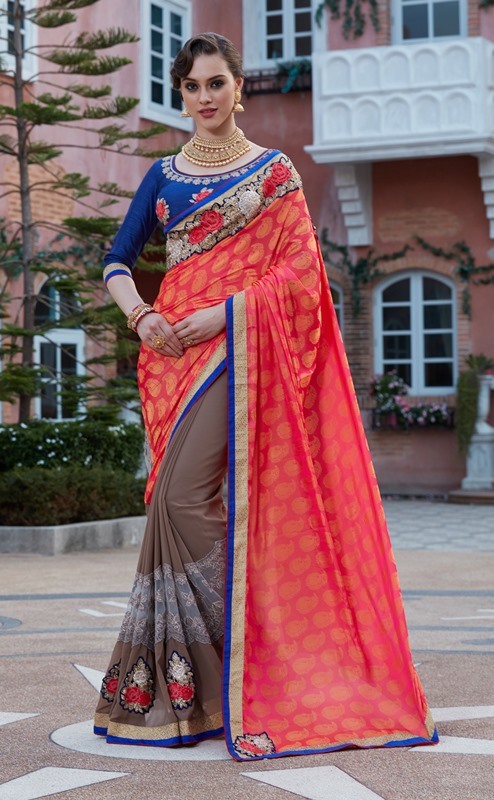 Designer Embroidery Chiku & Red Georgtte &Jecart Saree