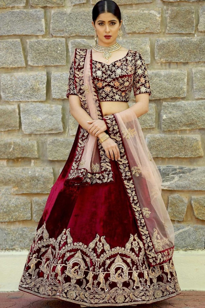 Wedding Embroidery Maroon Velvet Bridal Lahengha