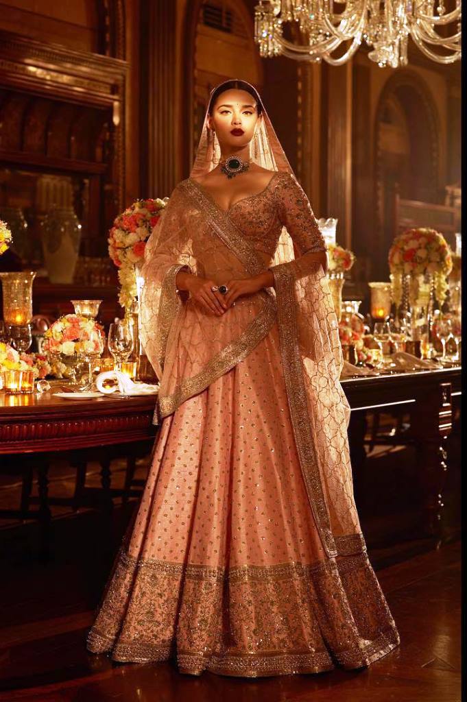 Wedding Embroidery Rose Peach  Malai Satin Bridal Lahengha