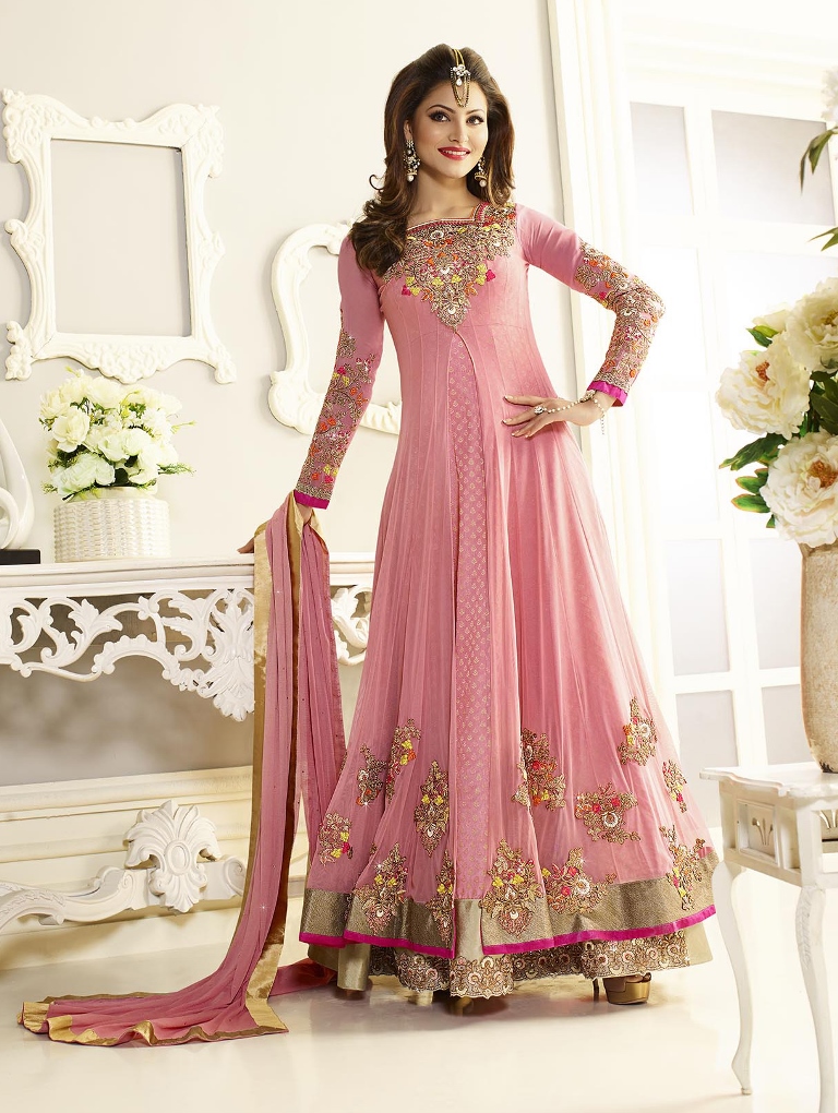 Anarkali Style Zari Resham Work Pink Kameez 