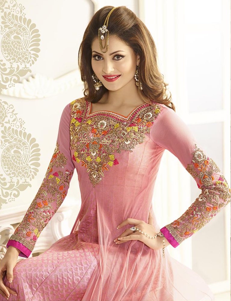 Anarkali Style Zari Resham Work Pink Kameez 