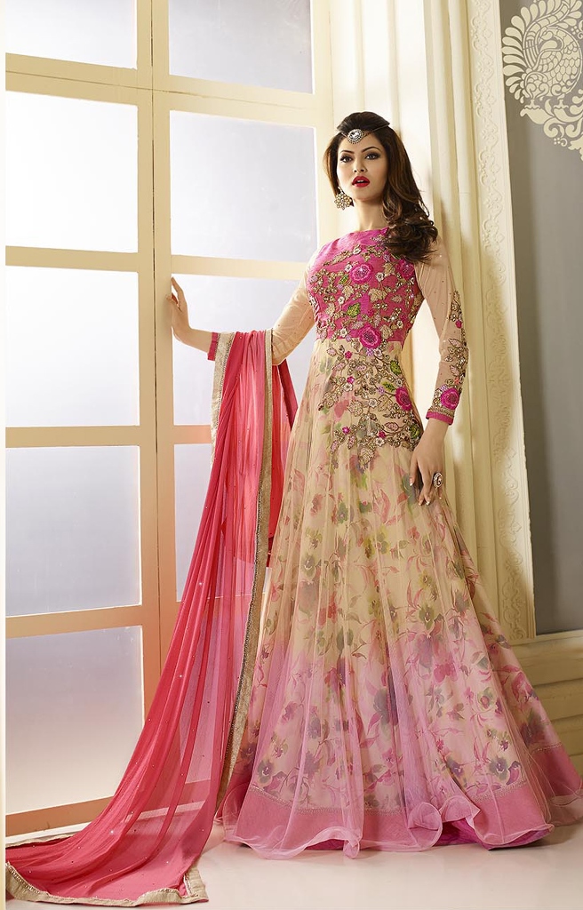 Anarkali Style Zari Resham Work Cream Kameez