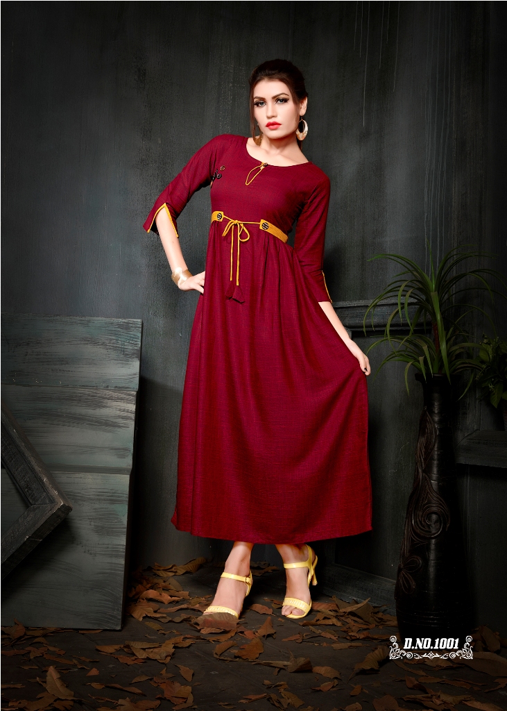 Partywear Designer Maroon Rayon 2 Ton Fancy Kurti