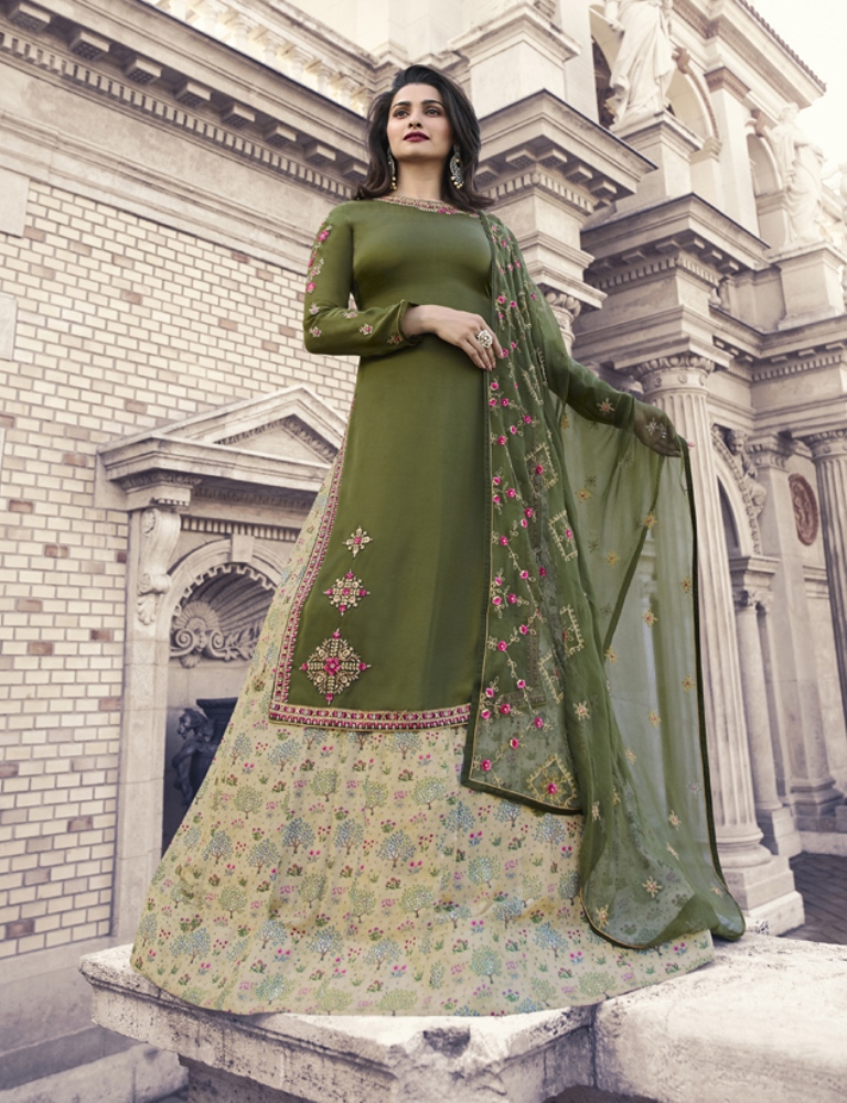 Georgette Satin Kameez Dark Olive Color