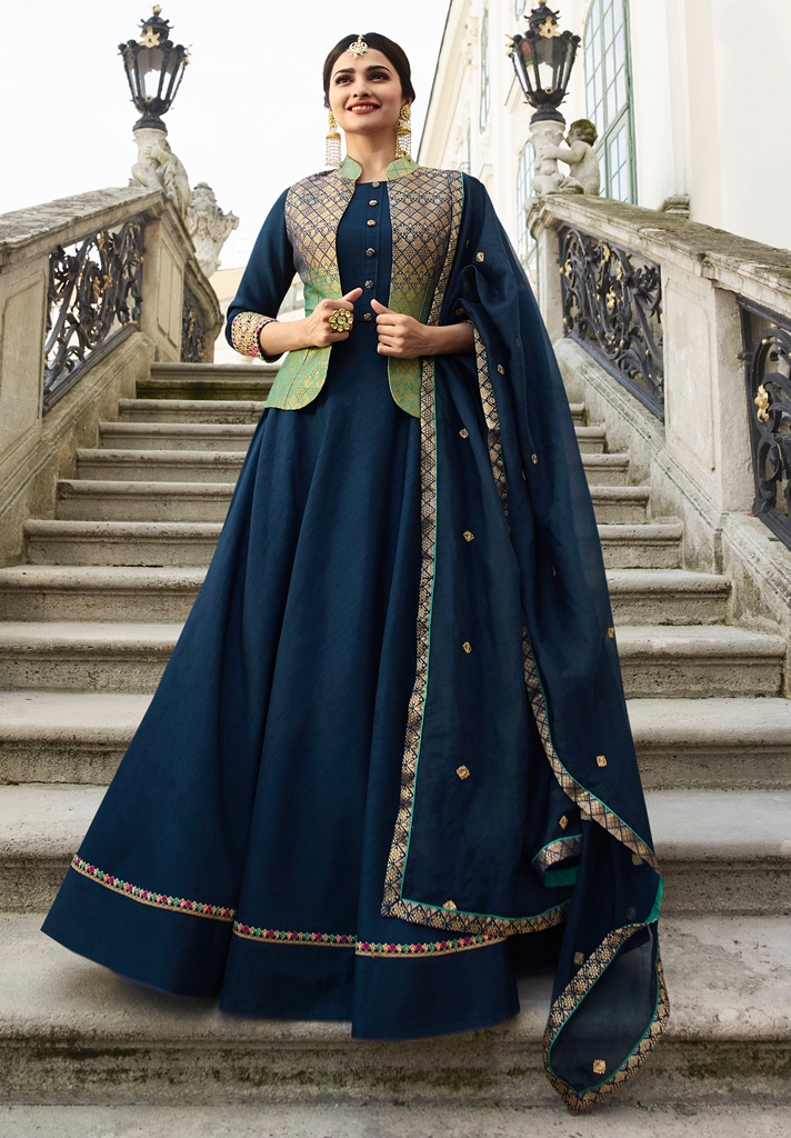 Silk Kameez Navy Blue & Green Color