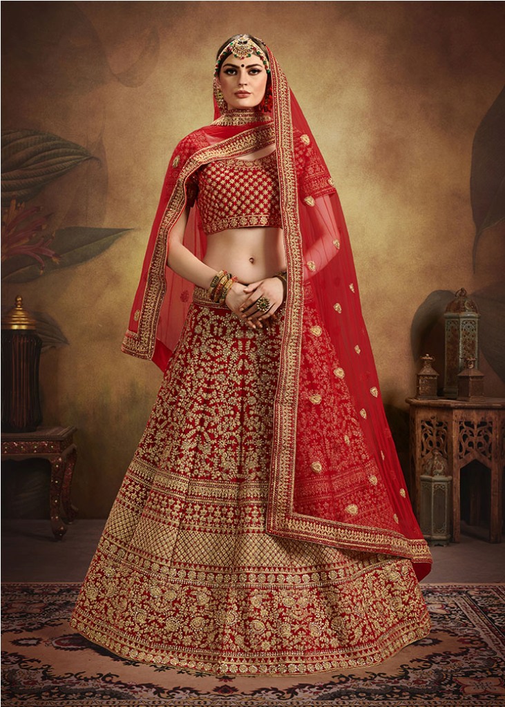 Beautified With Heavy Coding Jari Embroidery And Stone Work Bridal Lehenga