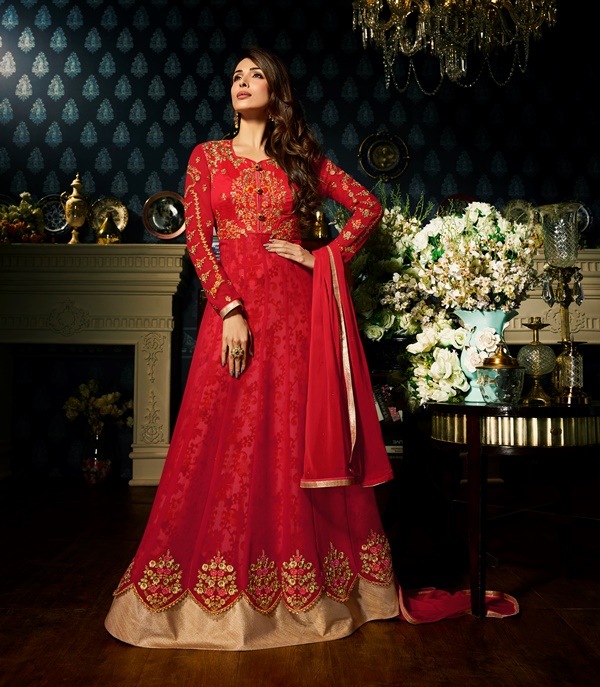 Faux Georgette Red Long Salwar Suit