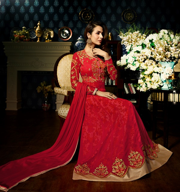 Faux Georgette Red Long Salwar Suit