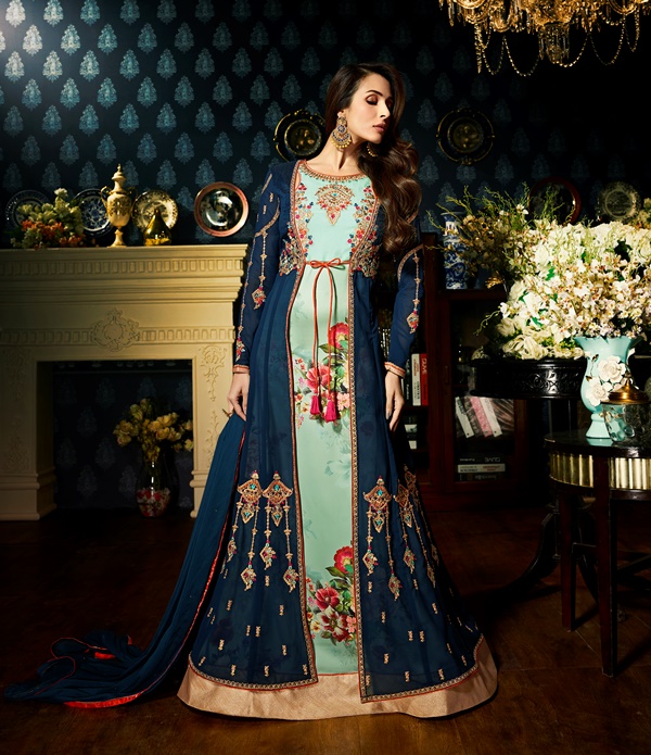 Faux Georgette Blue & Firozi Long Salwar Suit