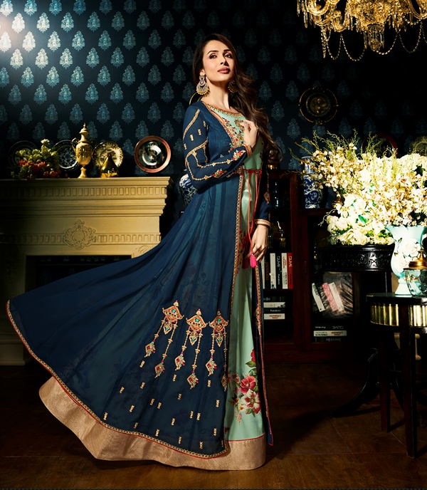 Faux Georgette Blue & Firozi Long Salwar Suit