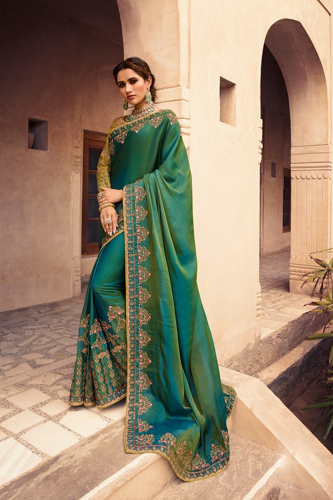 Barfi Silk Saree Two Tone Green Color