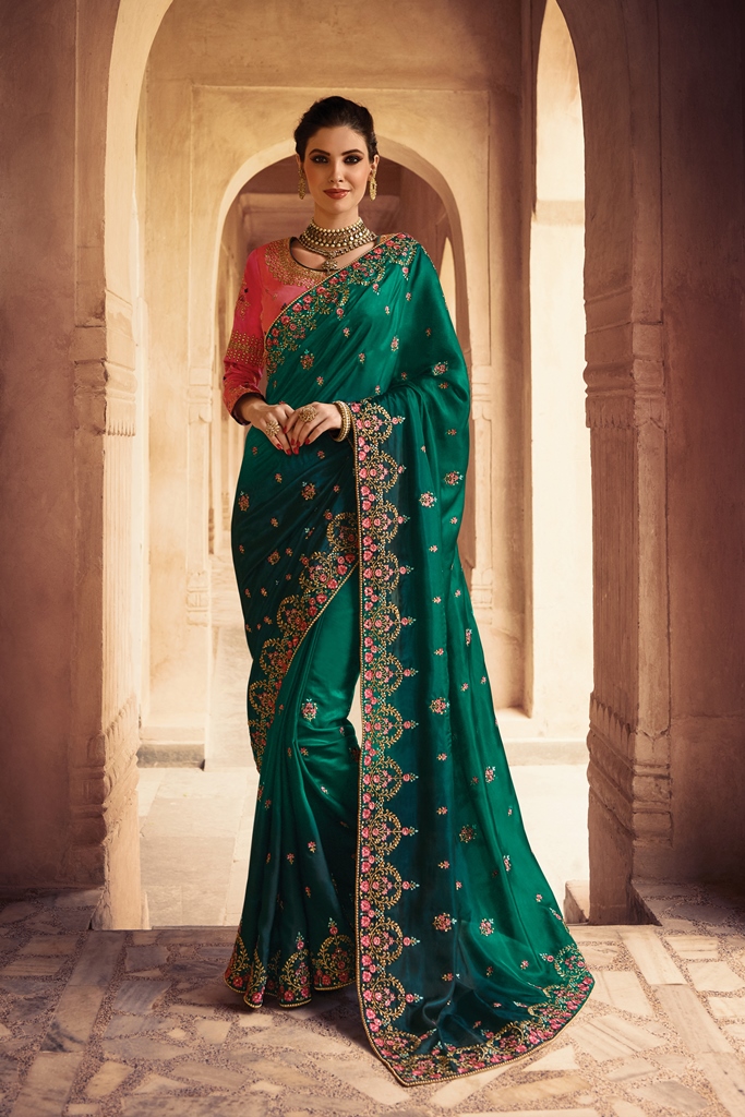 Barfi Silk Saree Dark Green Color