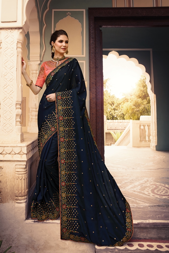 Barfi Silk Saree Dark Navy Blue Color