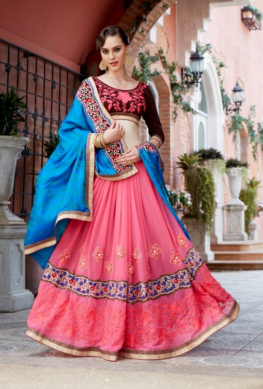 Designer Embroidery Blue & Pink Georgtte &Jecart Saree