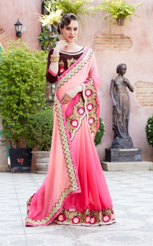 Designer Embroidery Peach Georgtte Saree