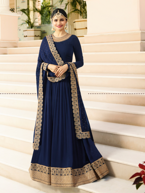 Designer Partywear Navy Blue Silk Anarkali Suit