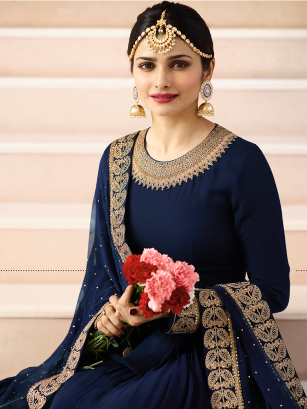 Designer Partywear Navy Blue Silk Anarkali Suit