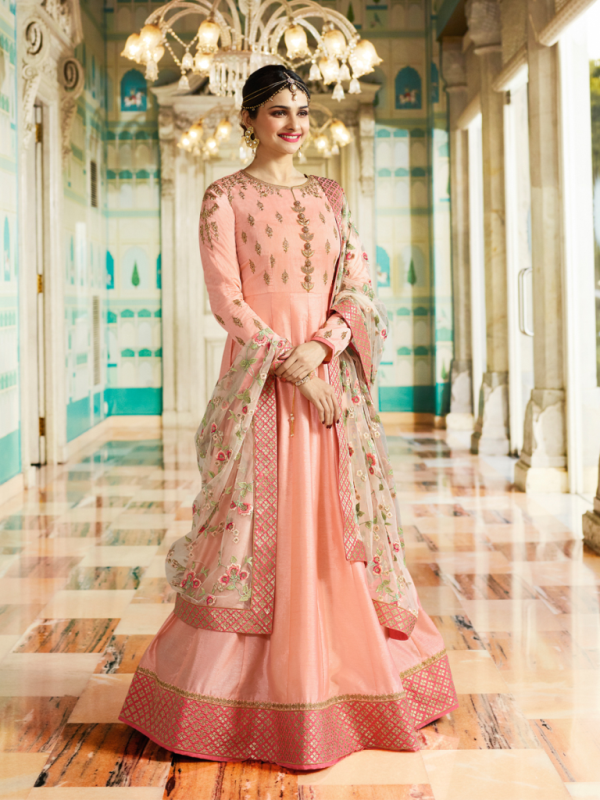 Designer Partywear Peach Silk Anarkali Suit