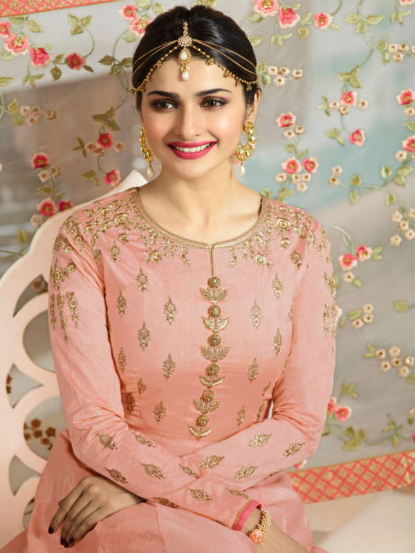 Designer Partywear Peach Silk Anarkali Suit