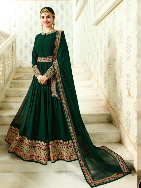 Designer Partywear Dark Green Silk Anarkali Suit