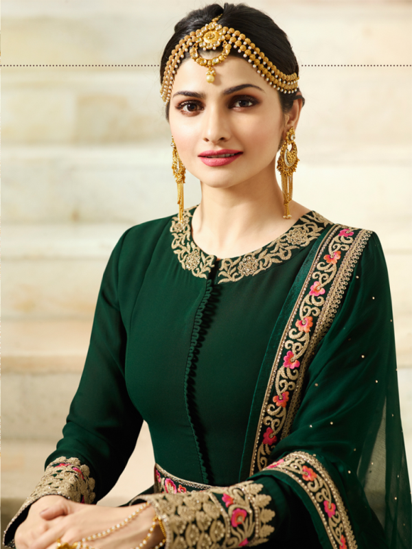 Designer Partywear Dark Green Silk Anarkali Suit