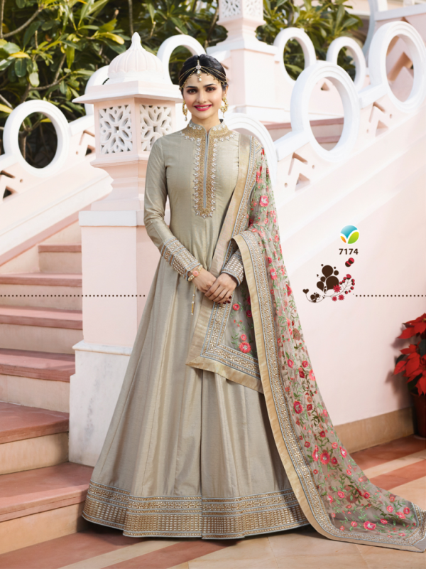 Designer Partywear Grey Silk Anarkali Suit