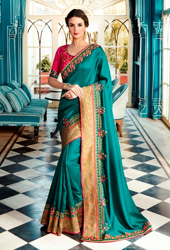 Heavy Satin Silk Saree Rama Color