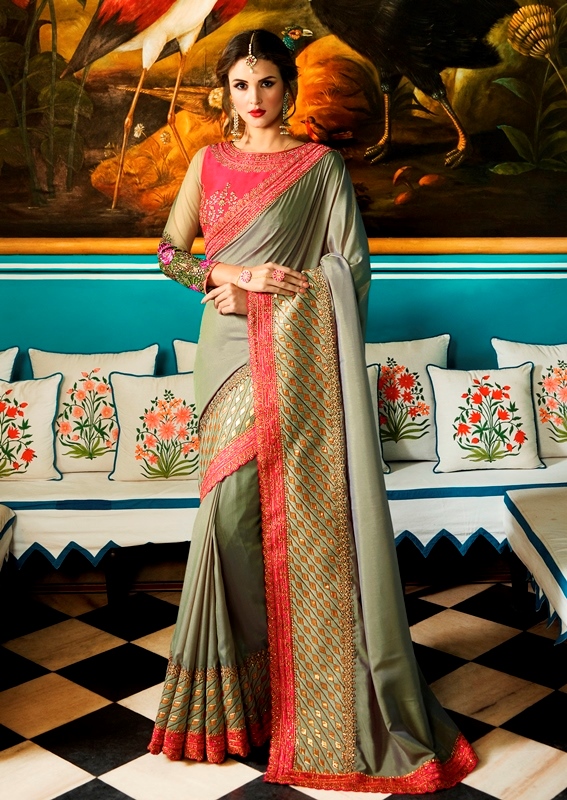 Heavy Barfi Silk Saree Dusty Green Color