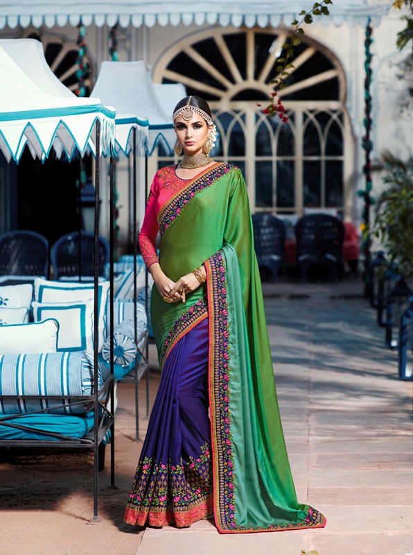 Shaded Barfi Silk Royal Blue & green Saree