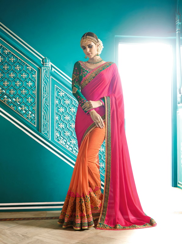 Barfi Silk Rani & Orange Saree