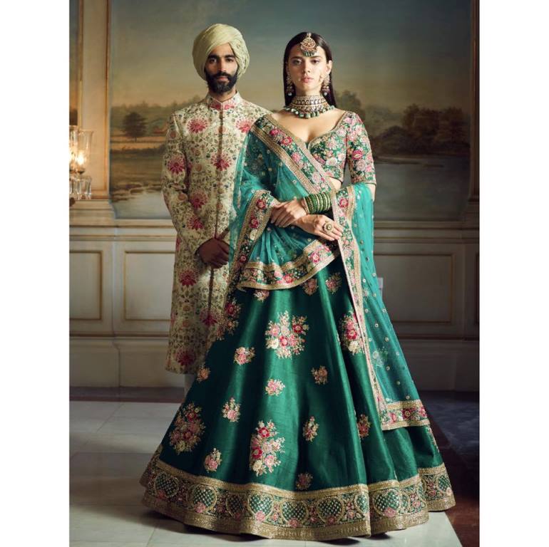 Wedding Embroidery Teal Green Phantom Silk Bridal Lahengha