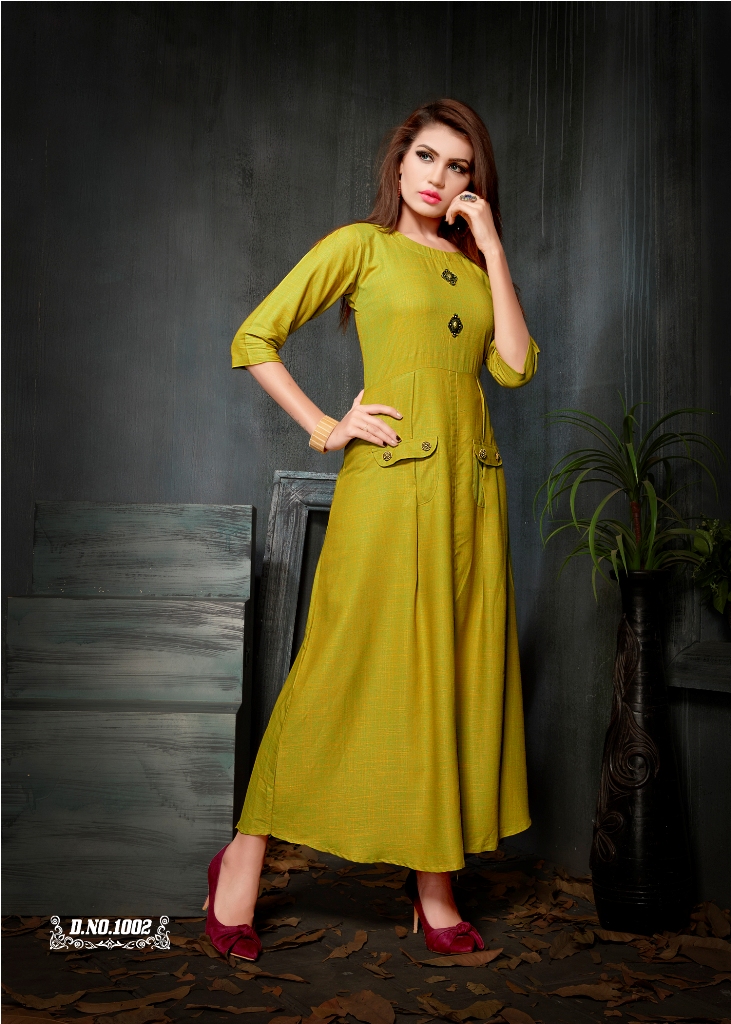 Partywear Designer Yellow Green Rayon 2 Ton Fancy Kurti