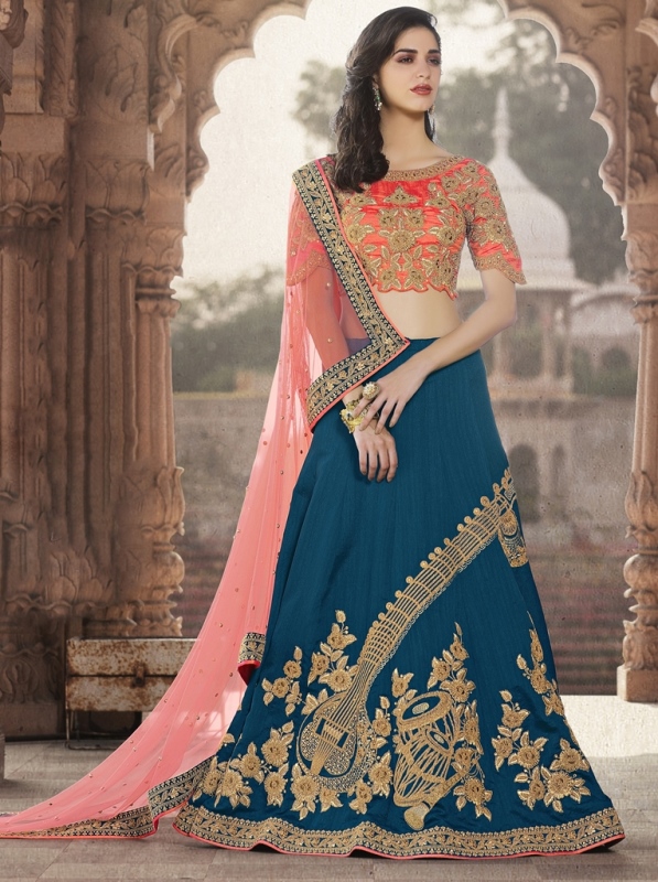 Jari Embroidery With Stone Work Art Silk Lehenga Blue