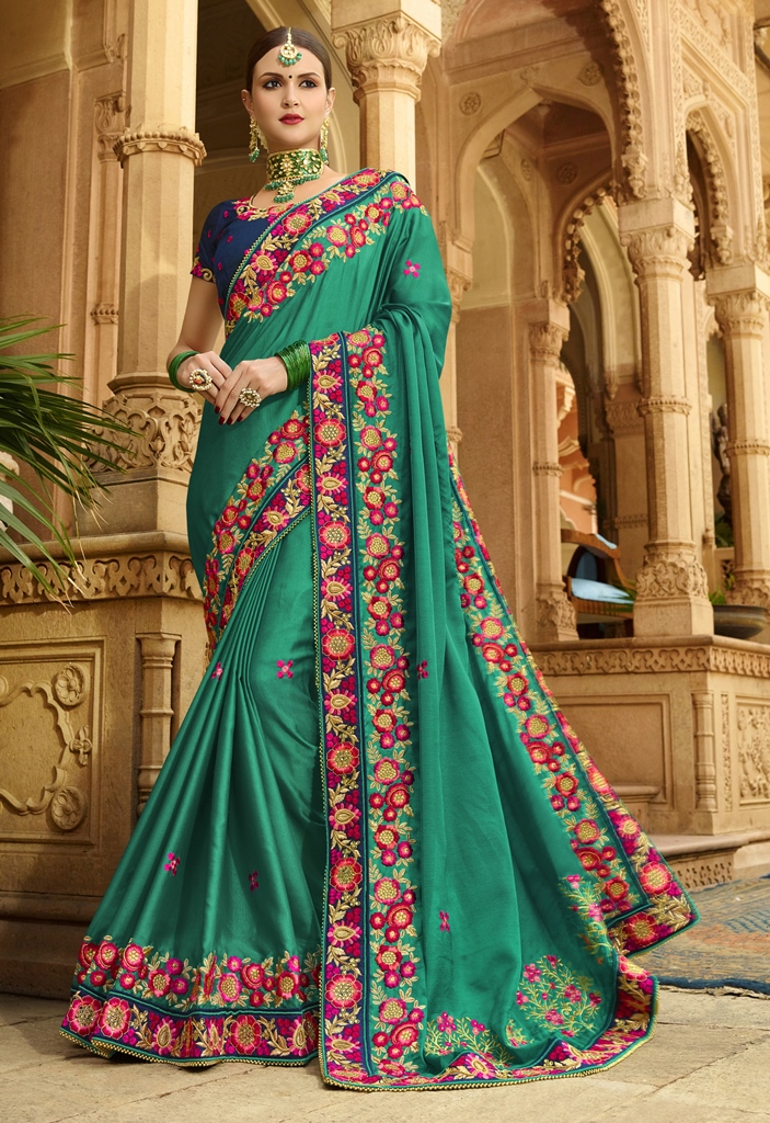 Soft Silk Jari & Thread Embroidery With Stone Work Saree