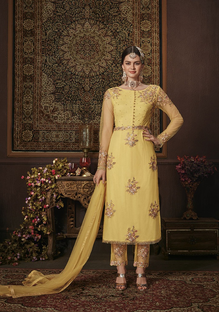 This Season Is About Subtle Shades And Pastel Play; So Grab This Heavy Designer Straight Suit